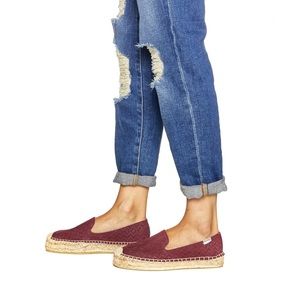 Soludos • platform smoking slipper espadrille loafer stacked jute burgundy suede